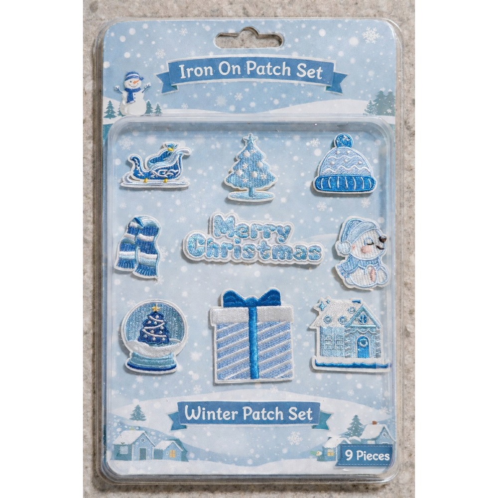 9 Piece Winter Iron On Patch Set Merry Christmas Blue White Embroidered Applique